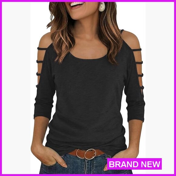 Tops - Cold Shoulder Tunic Top 3/4 Sleeve Sexy Going Out Casual Loose Fit